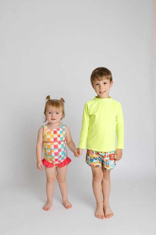 Poolside Plaid Boys Trunks with Rash guard