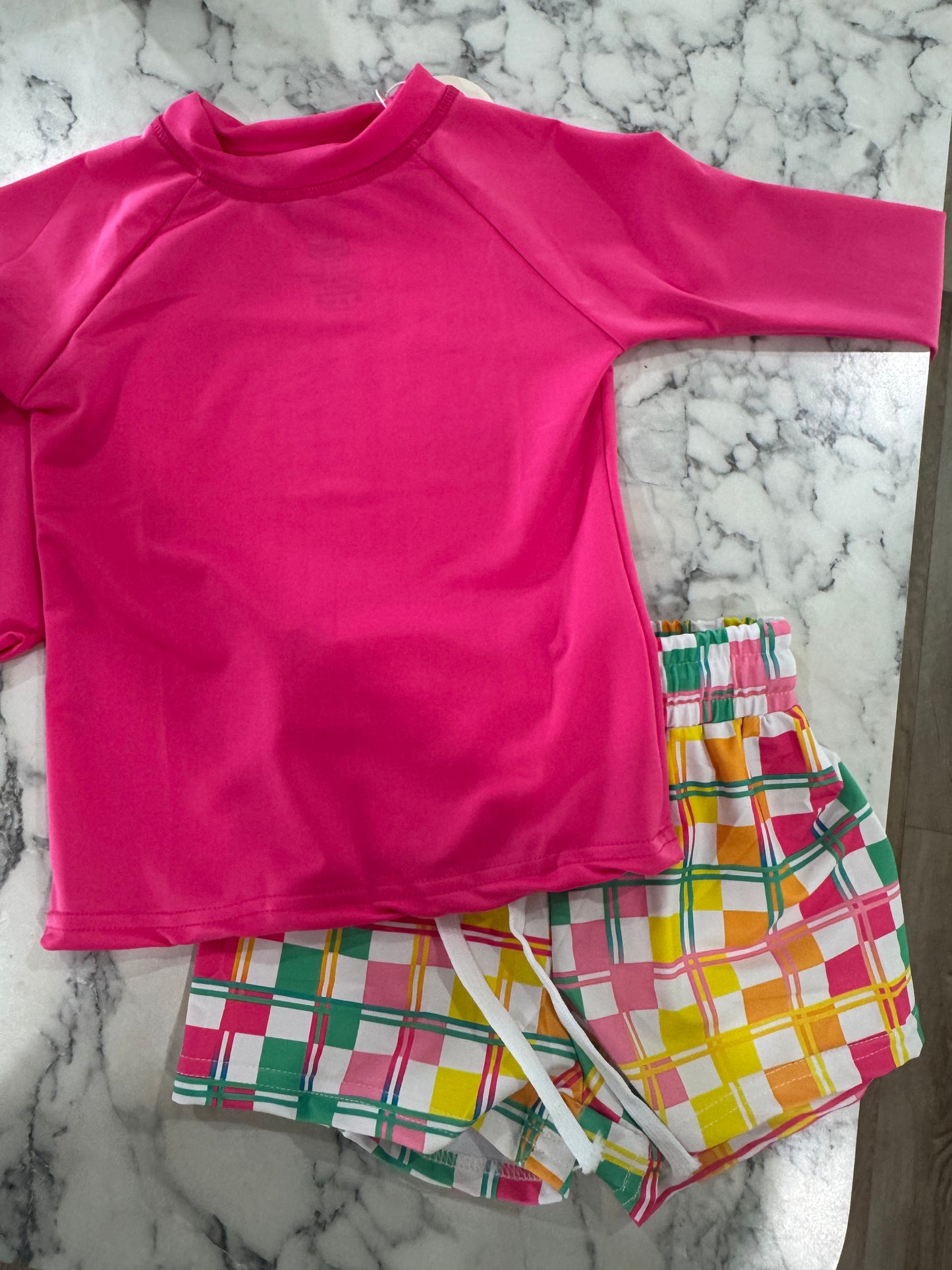 Poolside Plaid Boys Trunks with Rash guard